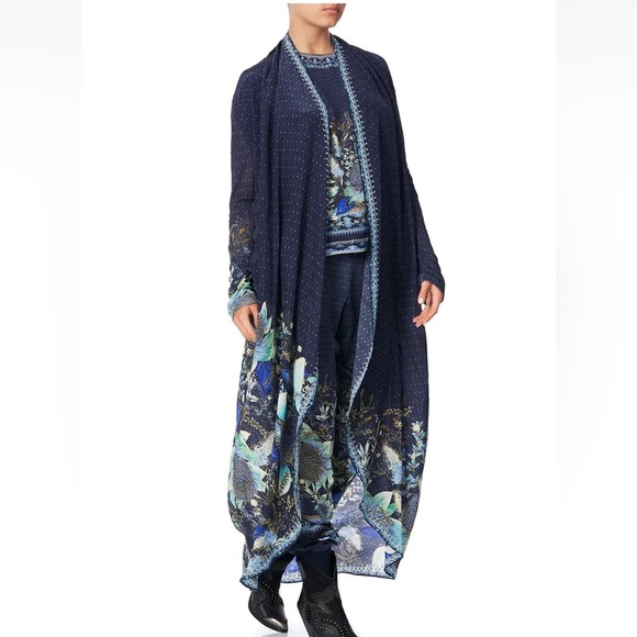 CAMILLA *Natures Nectar* blue floral silk boho long casual jacket w pockets S/M - Picture 5 of 14